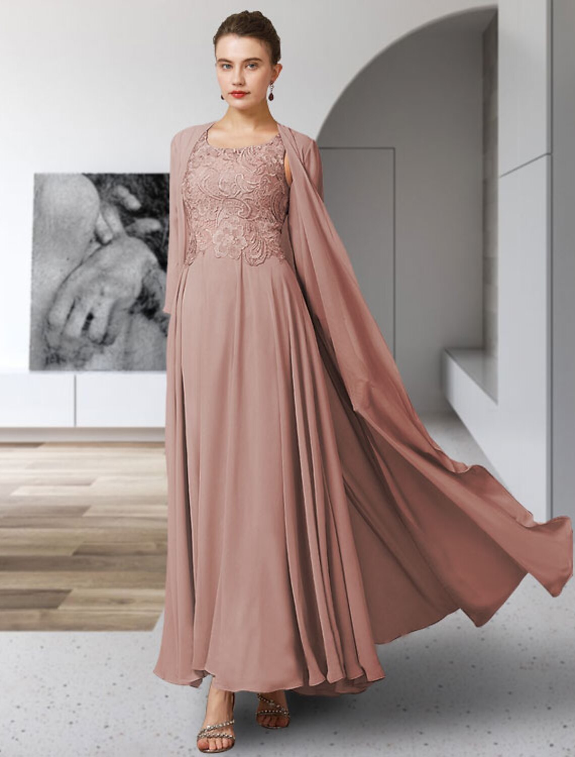 wholesale  Two Piece A-Line Mother of the Bride Dress Elegant Jewel Neck Ankle Length Chiffon Lace Sleeveless Jacket Dresses with Pleats Appliques