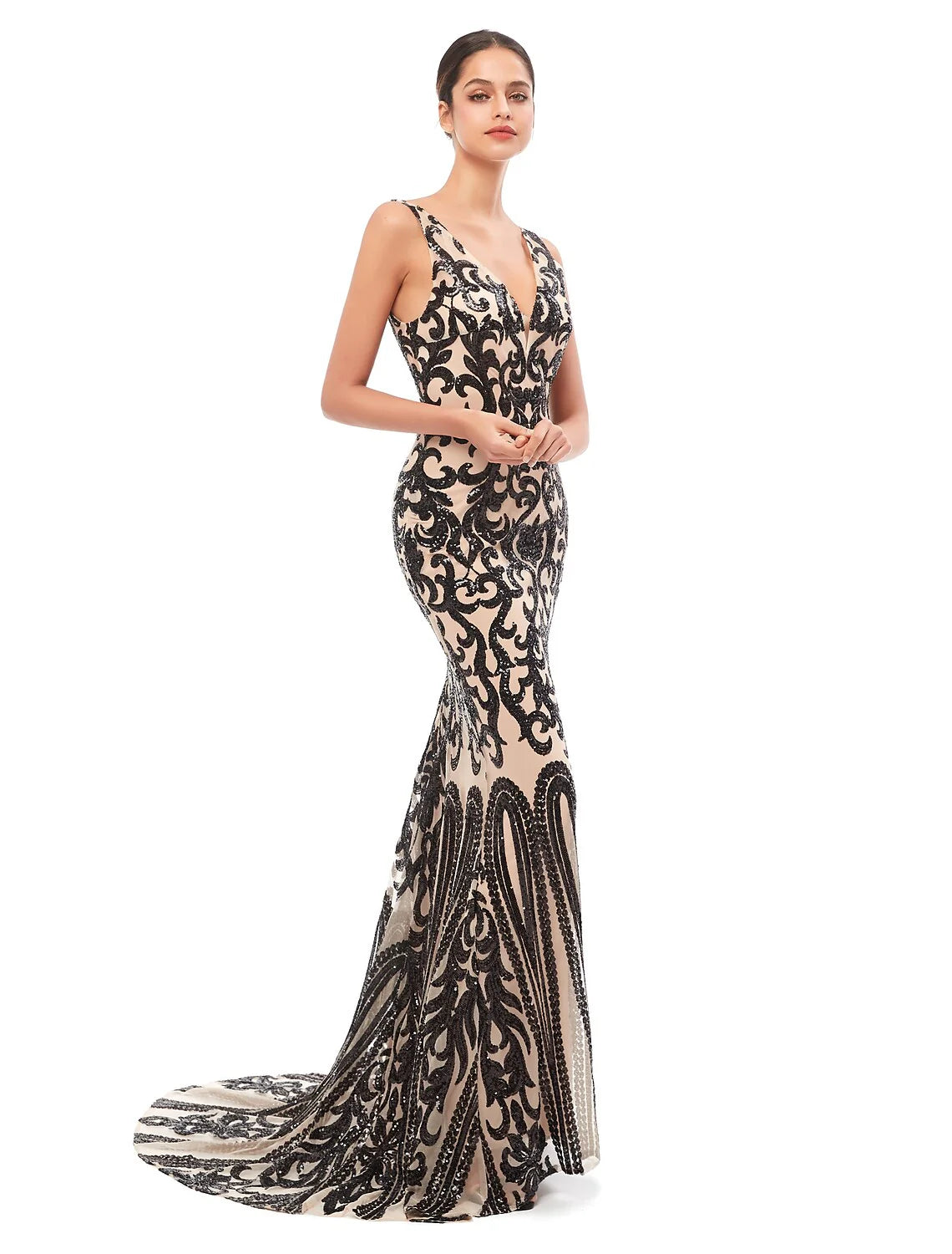 Wholesa Mermaid / Trumpet Evening Gown Celebrity Style Dress Prom Court Train Sleeveless V Neck Tulle with Sequin
