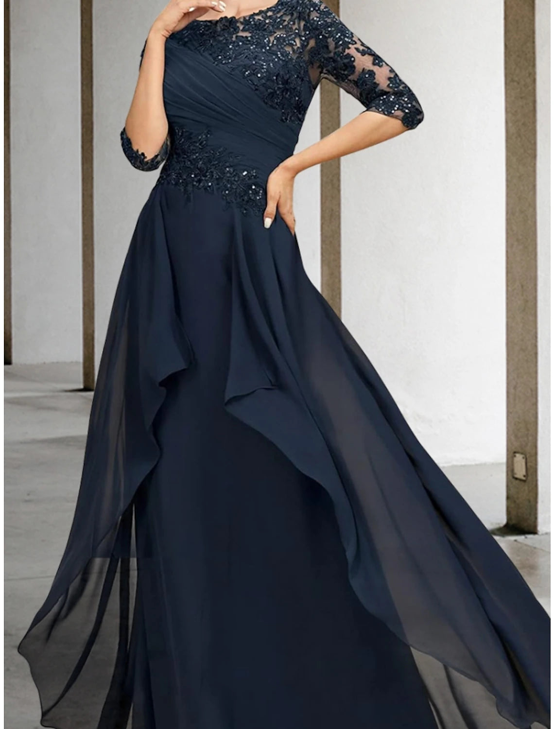 Wholesa A-Line Mother of the Bride Dress Wedding Guest Elegant Scoop Neck Floor Length Chiffon Lace Half Sleeve with Sequin Ruching Solid Color