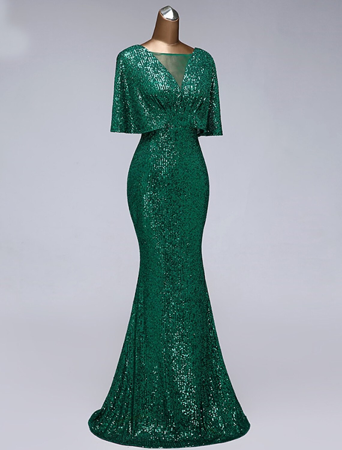 wholesale   Mermaid / Trumpet Prom Dresses Sparkle Dress Wedding Guest Prom Floor Length Half Sleeve Illusion Neck Sequined with Sequin Ruffles