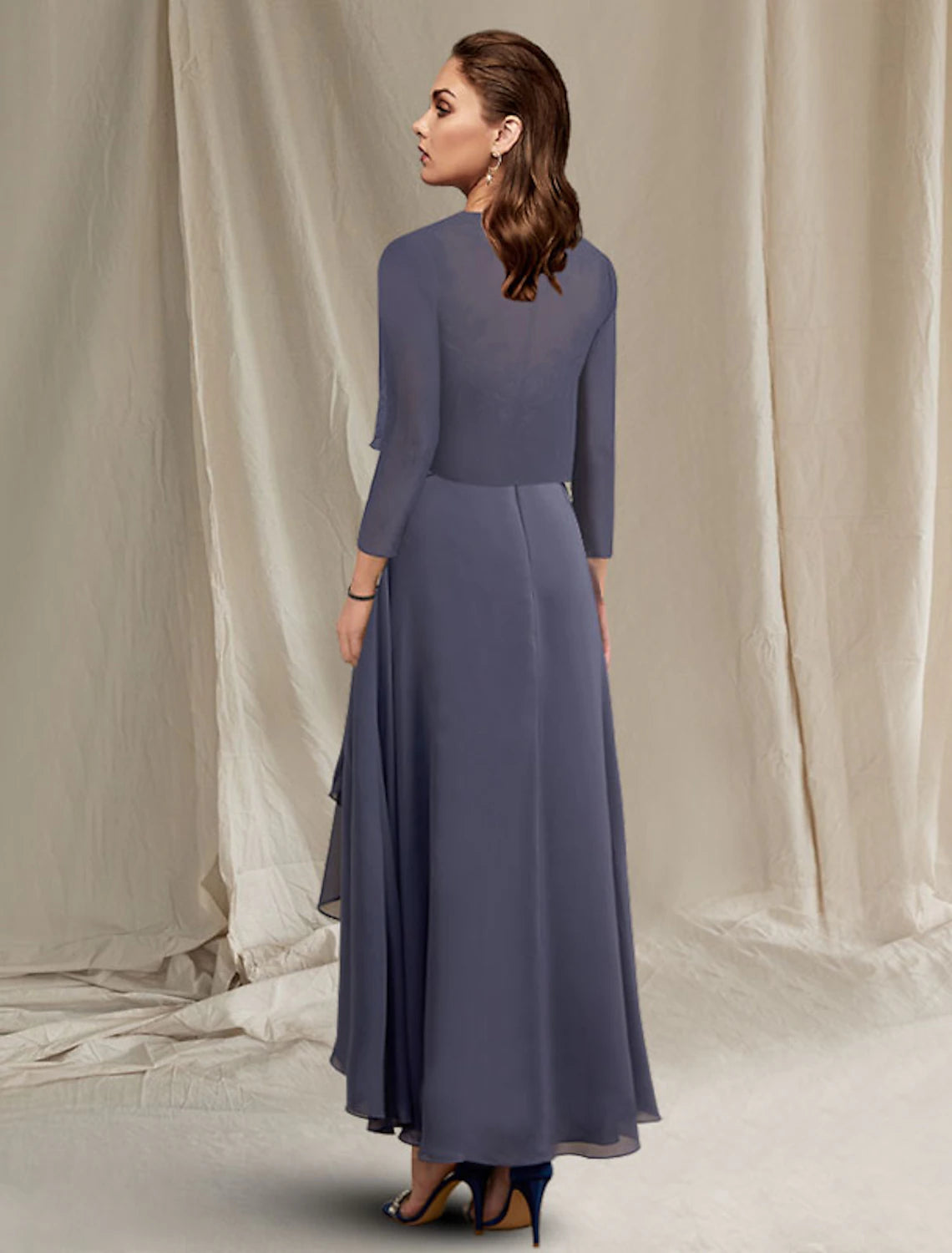 wholesale   Two Piece A-Line Mother of the Bride Dress Elegant High Low Jewel Neck Asymmetrical Tea Length Chiffon Lace 3/4 Length Sleeve Wrap Included with Sequin Appliques