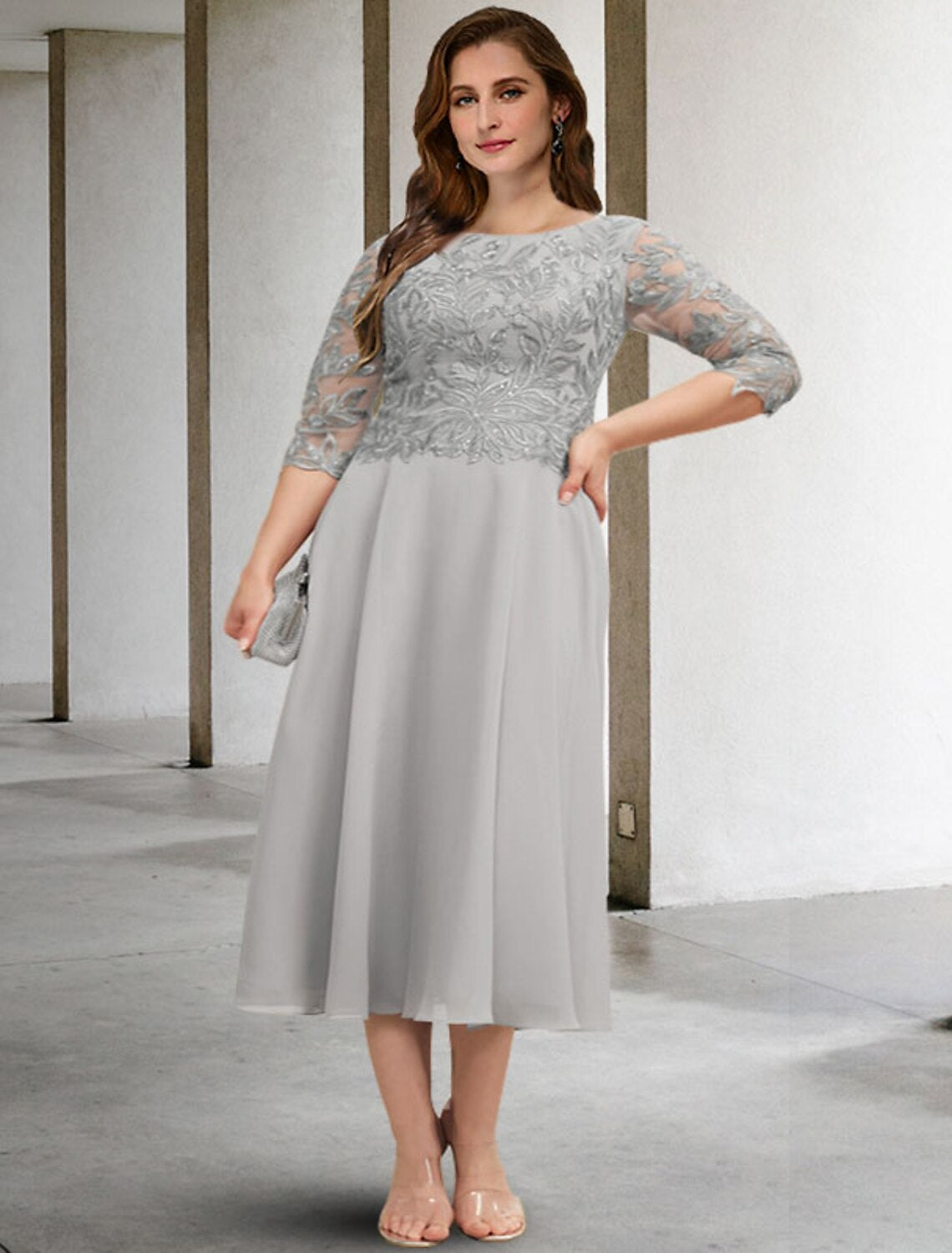 wholesale A-Line Mother of the Bride Dresses Plus Size Hide Belly Curve Elegant Dress Formal Tea Length 3/4 Length Sleeve Jewel Neck Chiffon with Sequin Applique