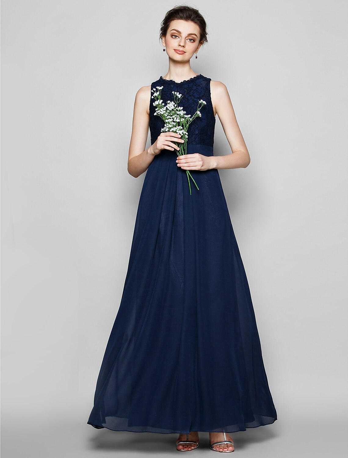 wholesale  Sheath / Column Bridesmaid Dress Jewel Neck Sleeveless Elegant Floor Length Chiffon / Lace with Lace