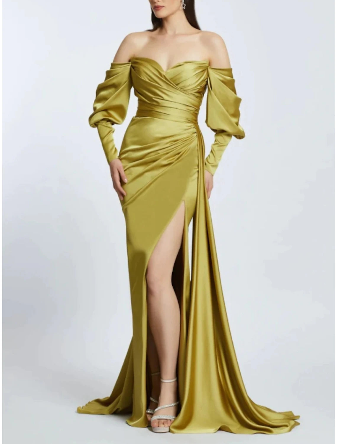 Wholesa A-Line Evening Gown High Split Dress Formal Sweep / Brush Train Long Sleeve Off Shoulder Satin with Pleats Ruched Slit