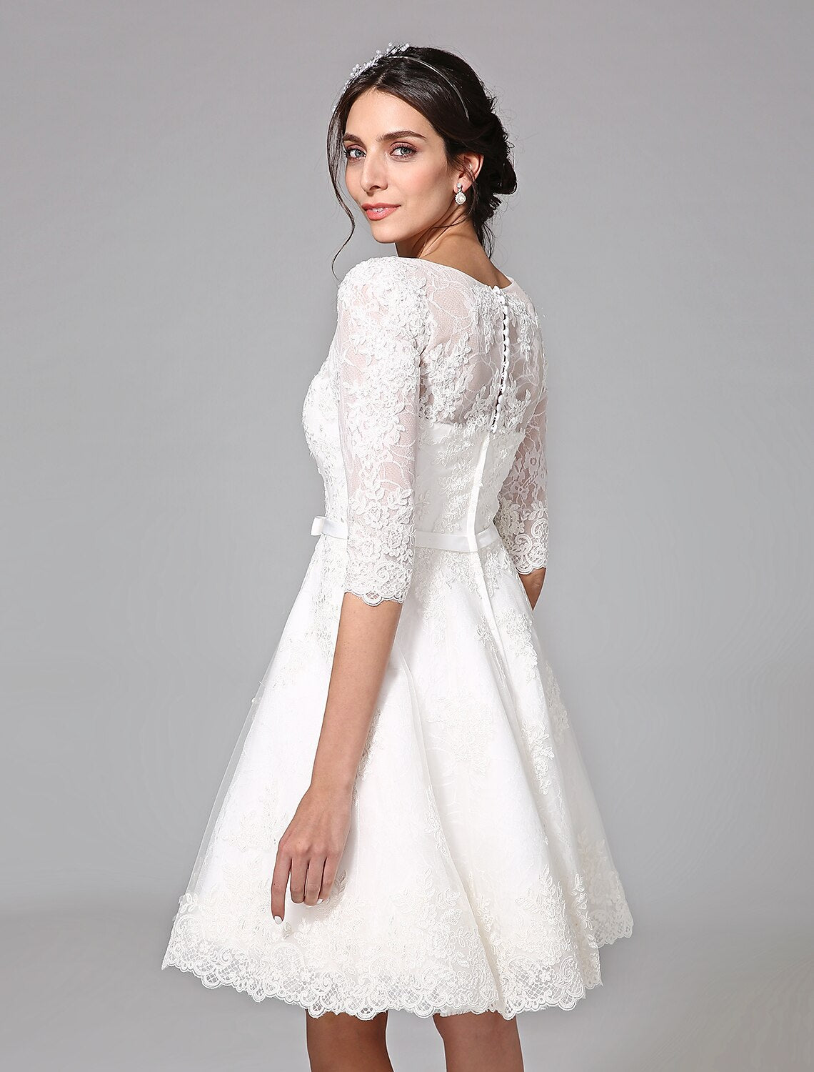 wholesale  Reception Little White Dresses Wedding Dresses A-Line V Neck Half Sleeve Knee Length Lace Bridal Gowns With Bowknot Sash / Ribbon