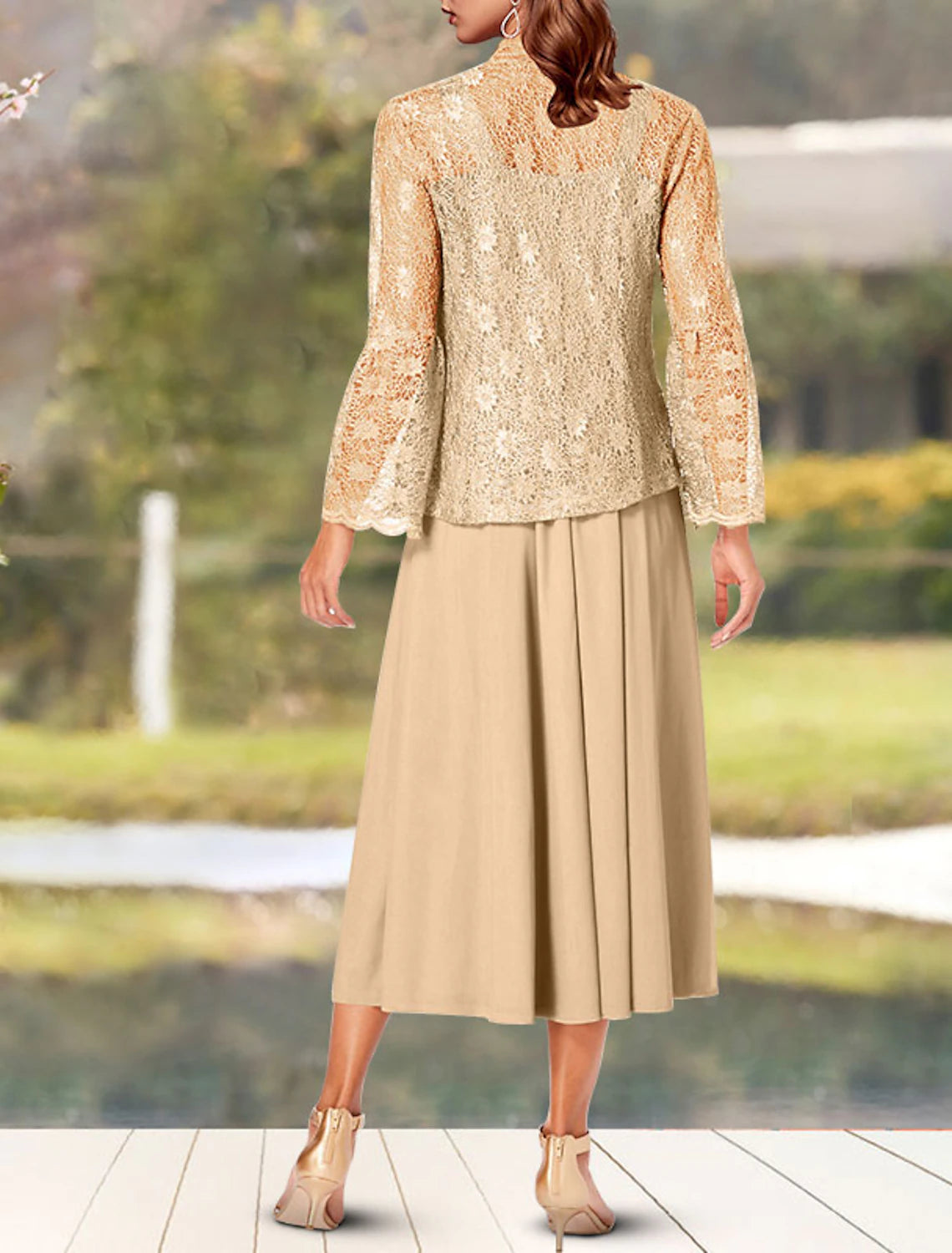 wholesale  Two Piece A-Line Mother of the Bride Dress Church Elegant Square Neck Spaghetti Strap Tea Length Chiffon Lace Sleeveless Short Jacket Dresses with Solid Color