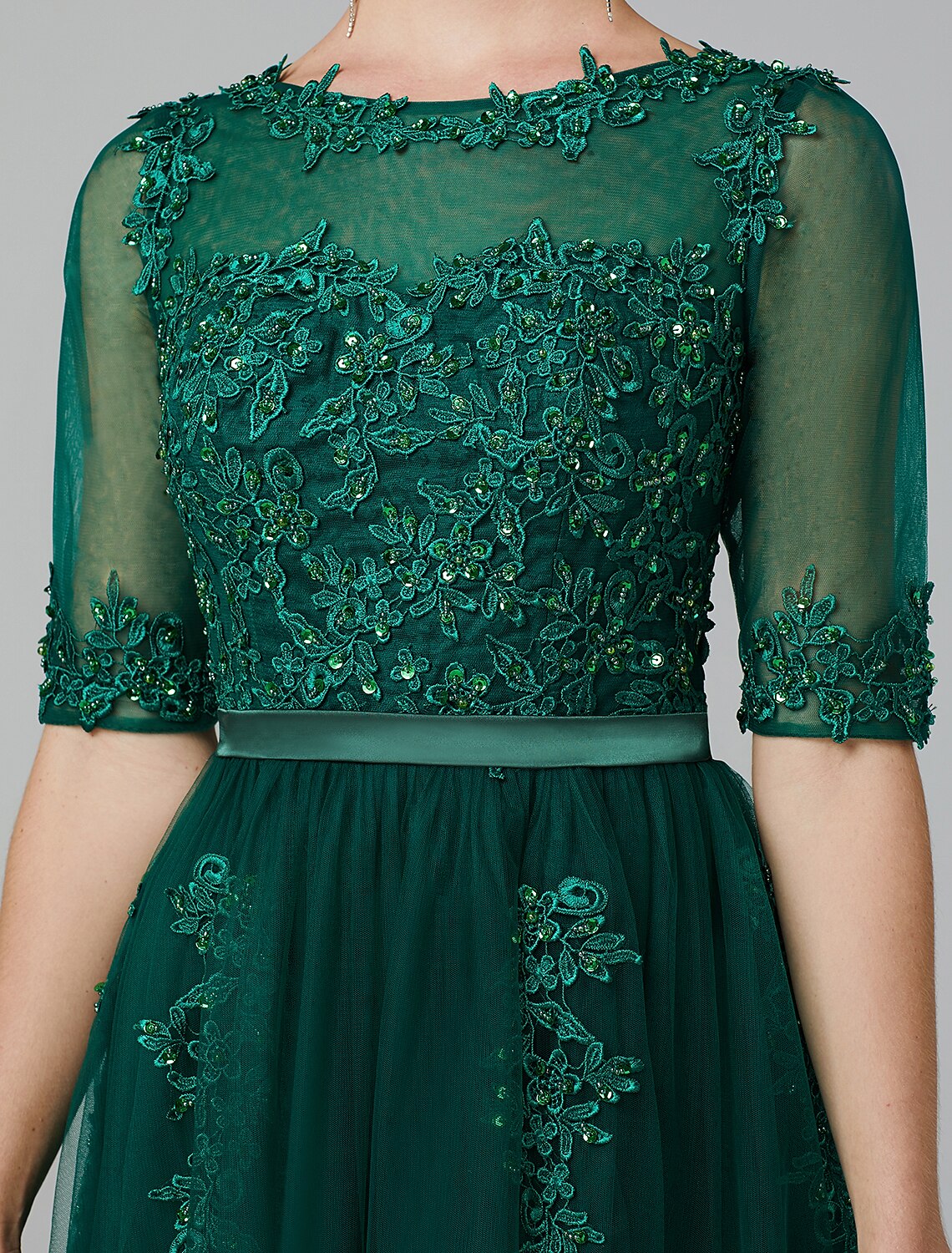 Wholesa  A-Line Cocktail Dress Christmas Red Green Dress Formal Evening Kentucky Derby Tea Length Sleeveless Illusion Neck Fall Wedding Guest Lace Over Tulle with Sequin Applique