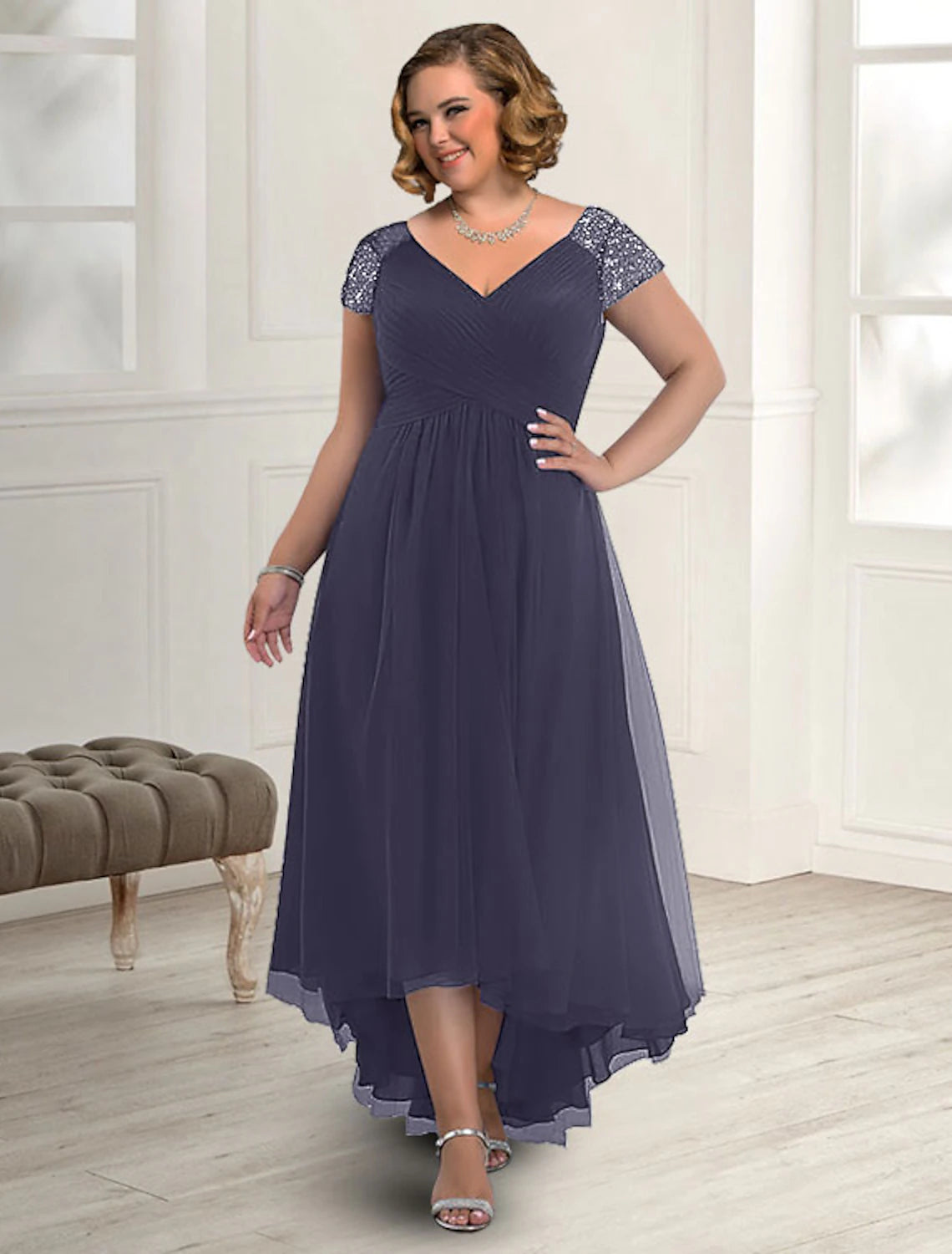 wholesale  A-Line Mother of the Bride Dress Plus Size Elegant High Low V Neck Asymmetrical Floor Length Chiffon Short Sleeve with Pleats Beading