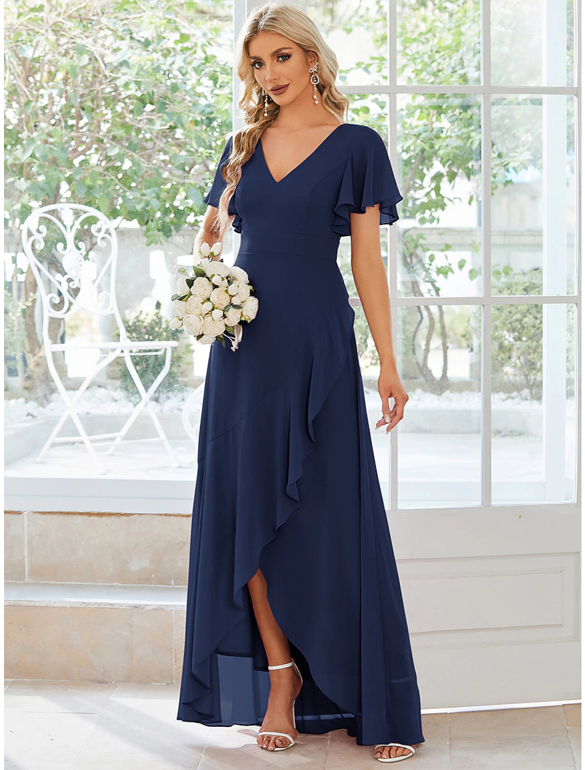 wholesale  A-Line Wedding Guest Dresses Casual Dress Party Dress Wedding Party Asymmetrical Short Sleeve V Neck Bridesmaid Dress Chiffon with Ruffles Pure Color
