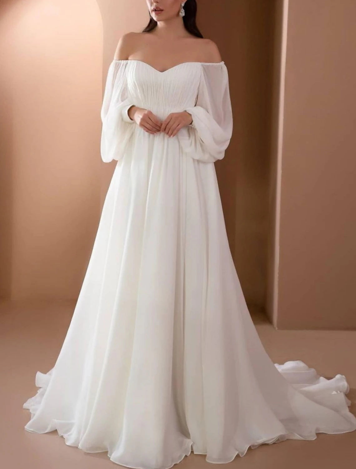 Wholesa Beach Vintage Wedding Dresses A-Line Off Shoulder Long Sleeve Court Train Chiffon Bridal Gowns With Pleats Beading