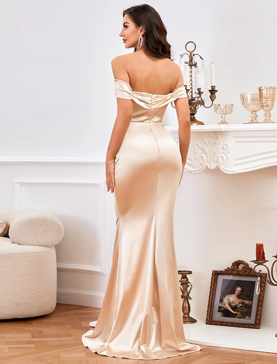 wholesale  Mermaid / Trumpet Minimalist High Split Prom Formal Evening Dress Off Shoulder Sleeveless Floor Length Satin with Ruched Slit