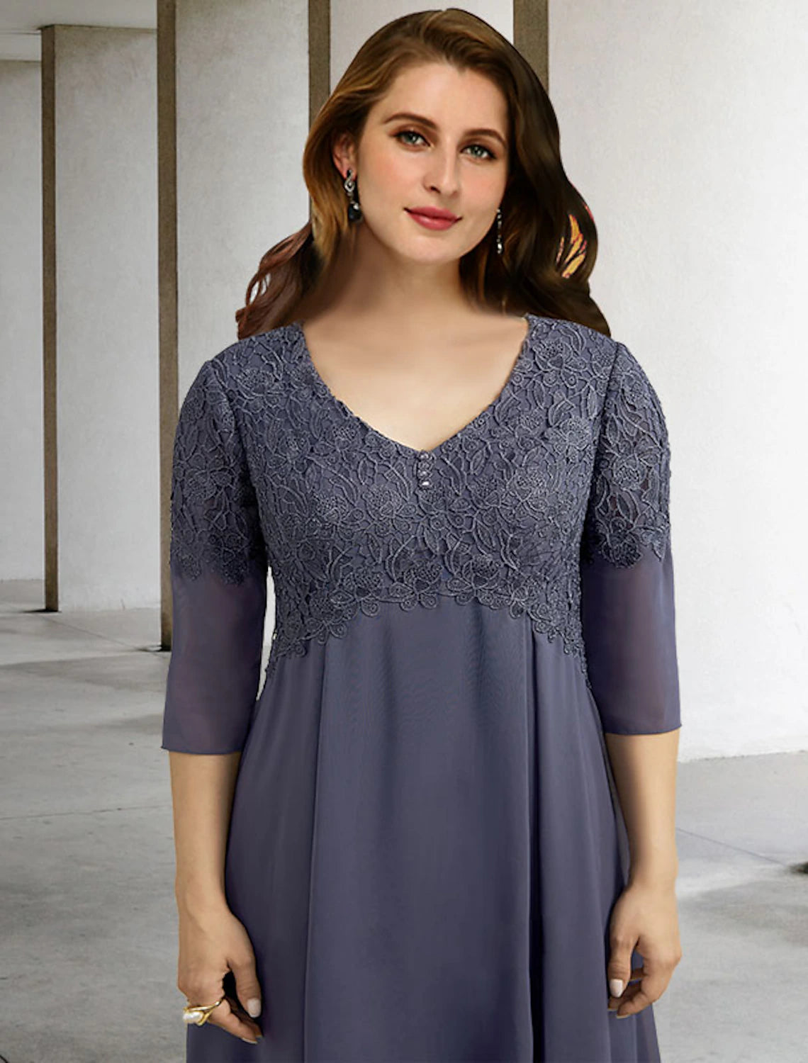 wholesale  A-Line Mother of the Bride Dresses Plus Size Hide Belly Curve Elegant Dress Formal Tea Length Half Sleeve V Neck Chiffon with Buttons Appliques Fall