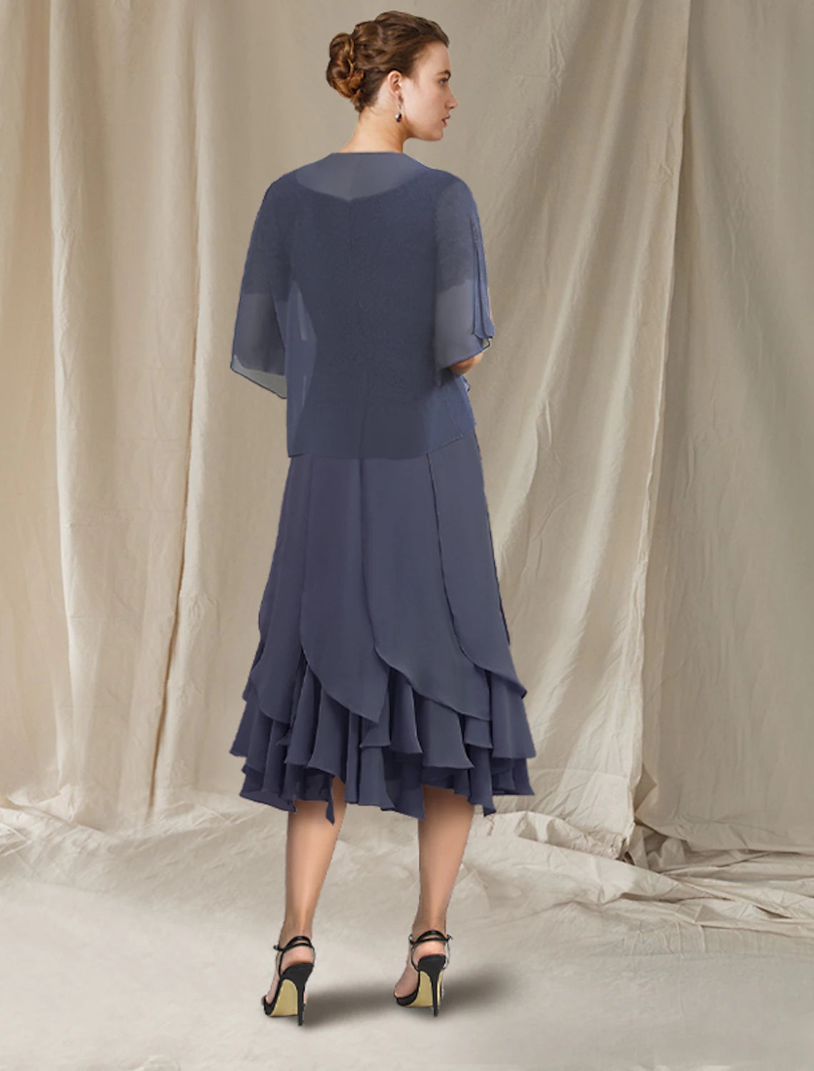 wholesale  Mermaid / Trumpet Mother of the Bride Dress Elegant High Low Jewel Neck Asymmetrical Tea Length Chiffon Lace Short Sleeve Wrap Included with Lace Ruffles