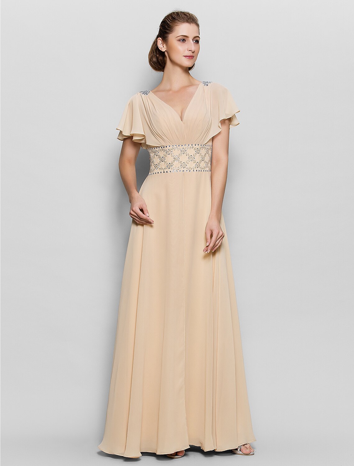 wholesale  A-Line Mother of the Bride Dress Beautiful Back V Neck Floor Length Chiffon Short Sleeve No with Criss Cross Beading