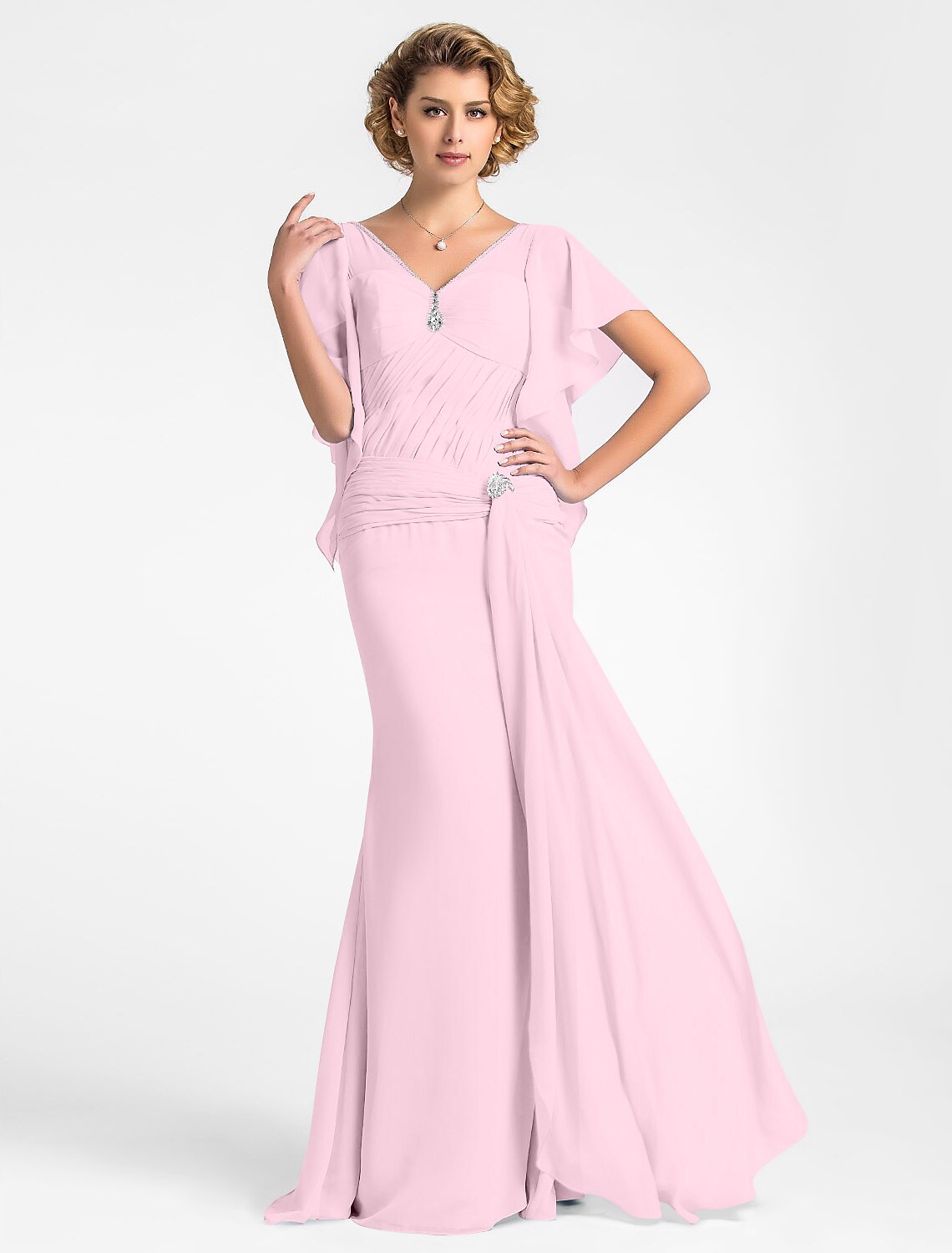 wholesale Mermaid / Trumpet Mother of the Bride Dress Vintage Inspired V Neck Floor Length Chiffon Short Sleeve with Beading Side Draping Crystal Brooch