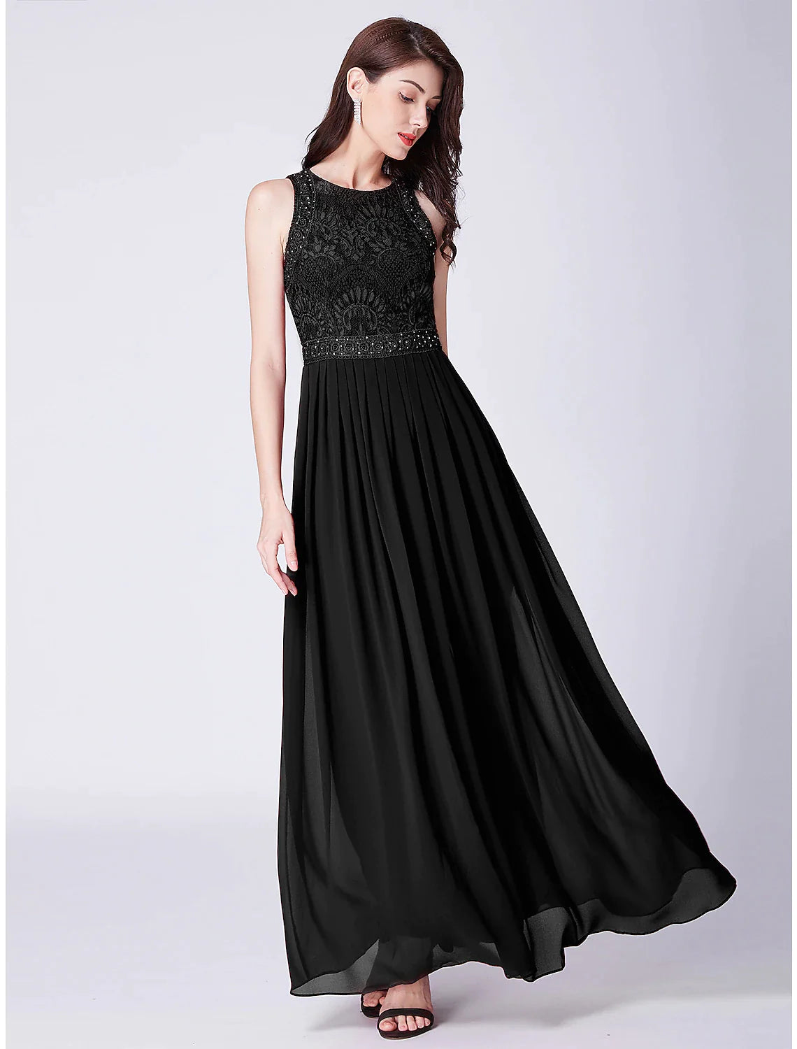 Wholesa A-Line Prom Dresses Maxi Dress Wedding Guest Floor Length Sleeveless Jewel Neck Chiffon with Pleats Lace Insert
