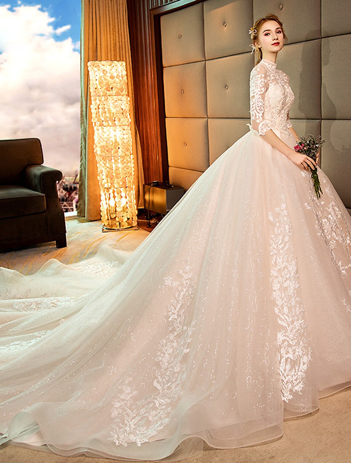 wholesale  Engagement Sparkle & Shine Formal Fall Wedding Dresses Ball Gown High Neck Long Sleeve Cathedral Train Lace Bridal Gowns With Sequin Appliques