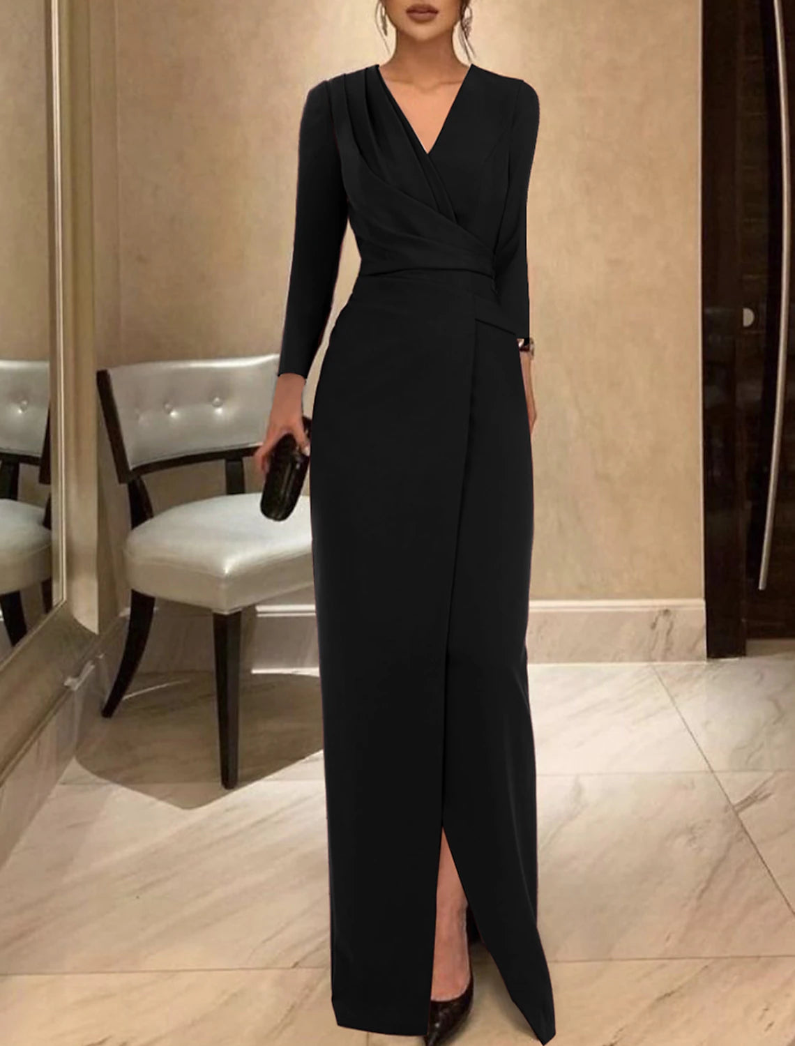 Wholesa Sheath / Column Evening Gown Elegant Dress Formal Floor Length Long Sleeve V Neck Stretch Fabric with Ruched