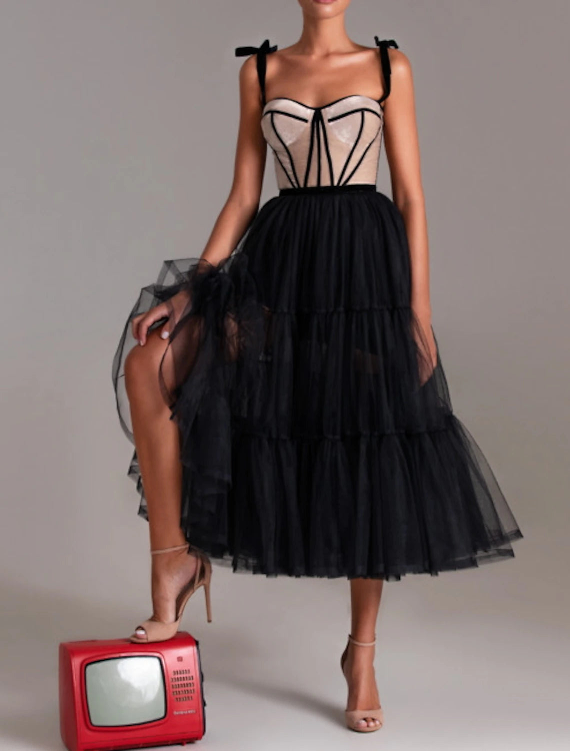 wholesale     A-Line Cocktail Dresses Party Dress Cocktail Party Formal Evening Tea Length Sleeveless Sweetheart Wednesday Addams Family Tulle with Pleats Tiered