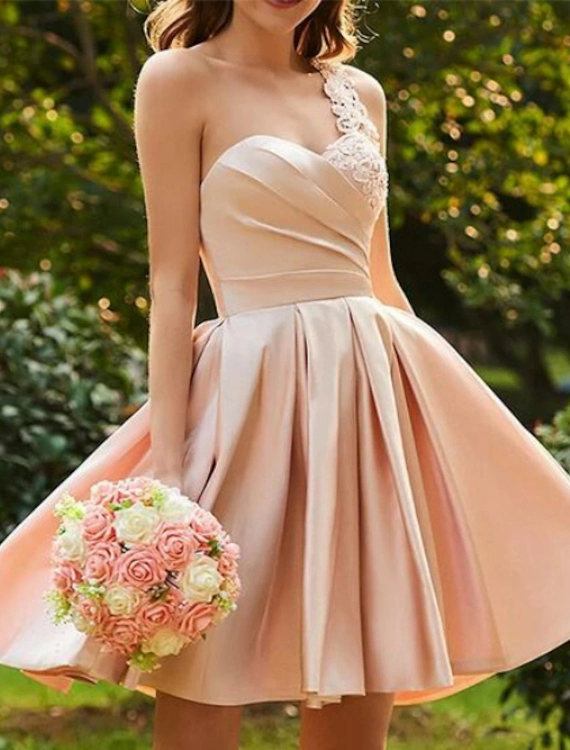 Wholesa A-Line Cocktail Dresses Party Dress Valentine's Day Wedding Guest Short / Mini Sleeveless One Shoulder Pink Dress Satin with Pleats Appliques
