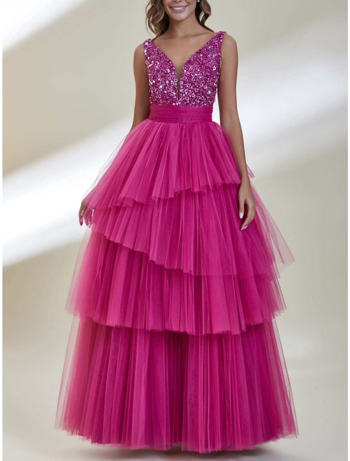 Wholesa A-Line Prom Dresses Elegant Dress Formal Floor Length Sleeveless V Neck Tulle with Pleats Sequin
