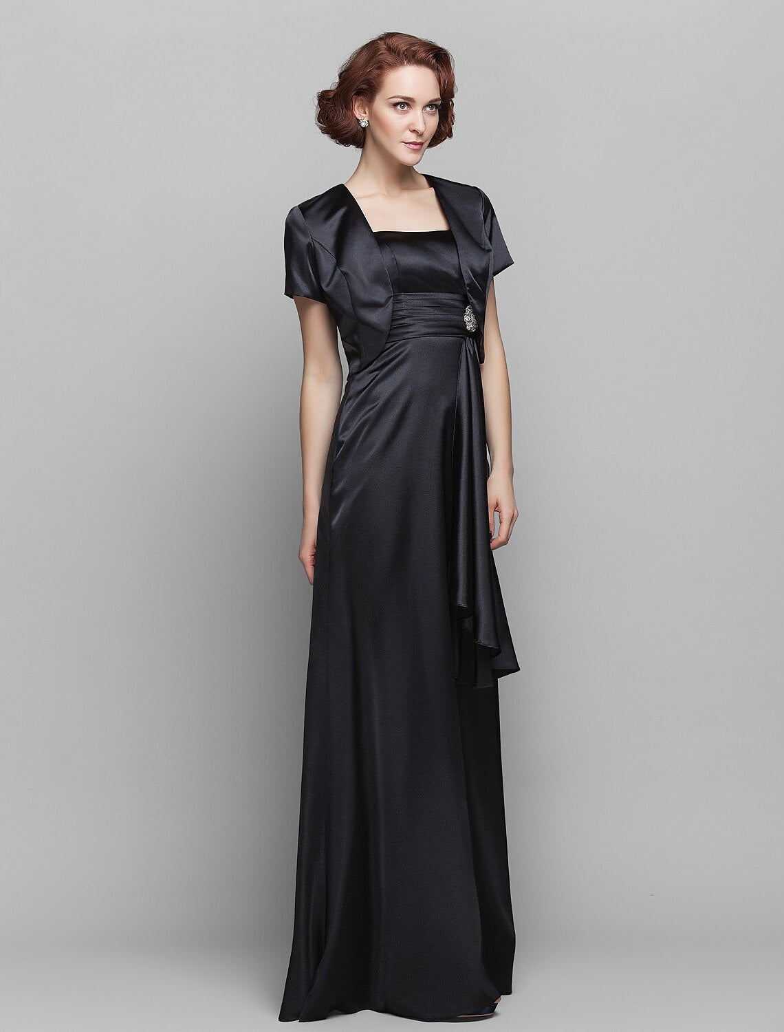 wholesale  Sheath / Column Mother of the Bride Dress Wrap Included Spaghetti Strap Floor Length Stretch Satin Short Sleeve with Ruched Tassel Crystal Brooch