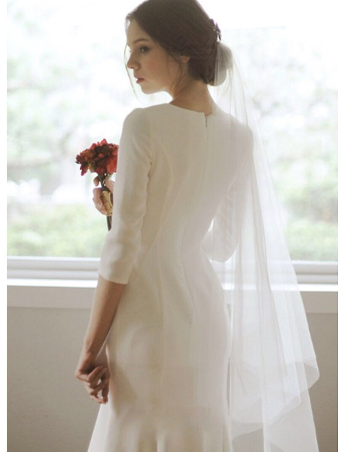 wholesale  Reception Little White Dresses Fall Wedding Dresses Mermaid / Trumpet V Neck 3/4 Length Sleeve Asymmetrical Satin Bridal Gowns