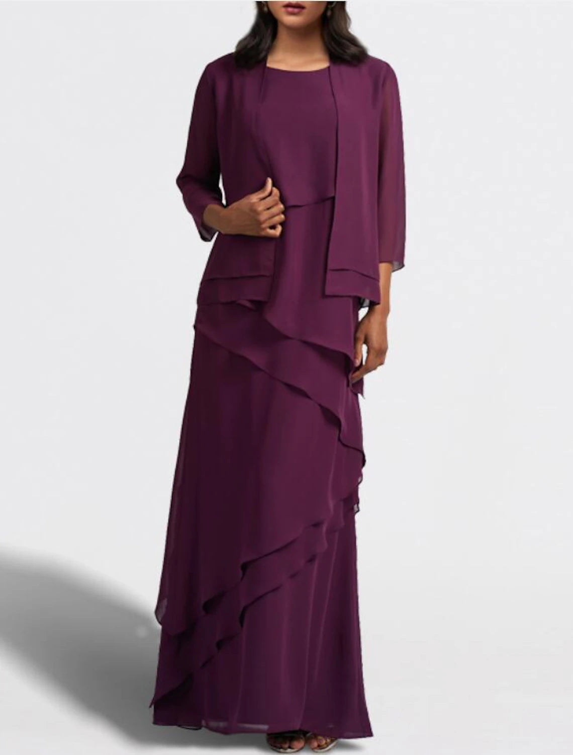 Wholesa Two Piece A-Line Mother of the Bride Dress Wedding Guest Elegant Jewel Neck Floor Length Chiffon Sleeveless Wrap Included with Cascading Ruffles Solid Color