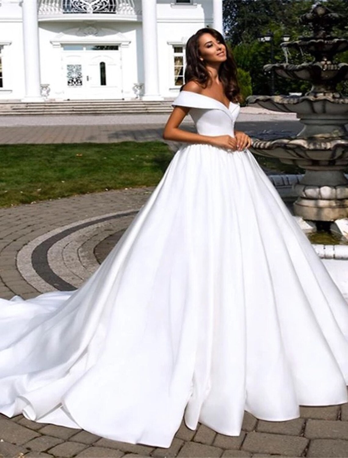 wholesale  Formal Wedding Dresses Ball Gown Off Shoulder Cap Sleeve Chapel Train Satin Bridal Gowns With Pleats