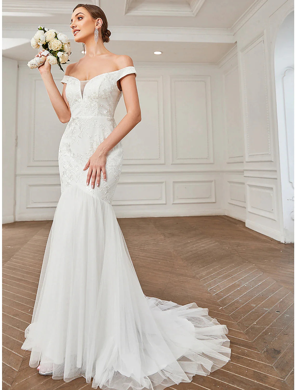 Wholesa Beach Vintage Wedding Dresses Sweep / Brush Train A-Line Cap Sleeve Off Shoulder Lace With Lace Appliques