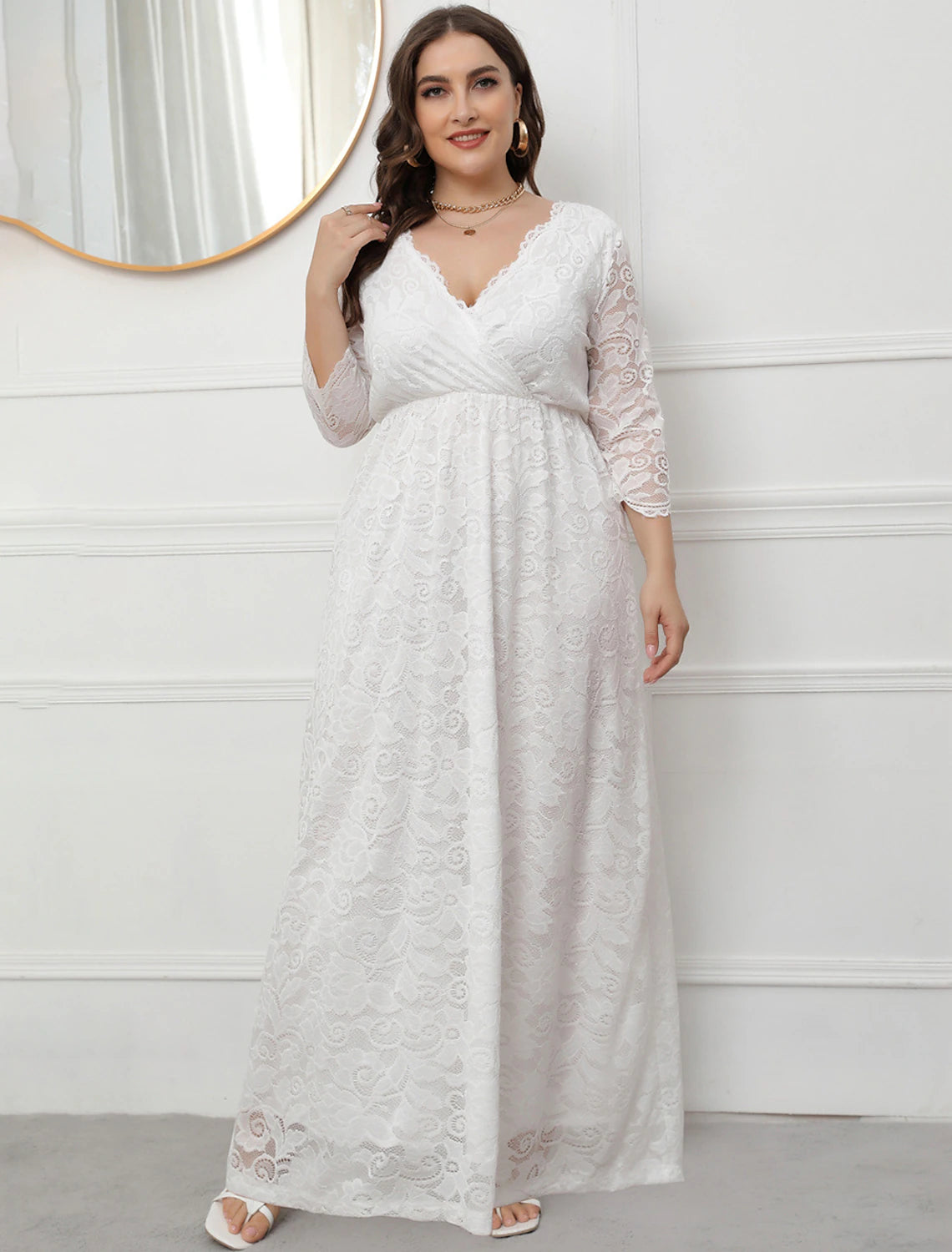 wholesale  A-Line Evening Gown Vintage Dress Party Wear Formal Evening Floor Length 3/4 Length Sleeve V Neck Lace with Sleek Lace Insert