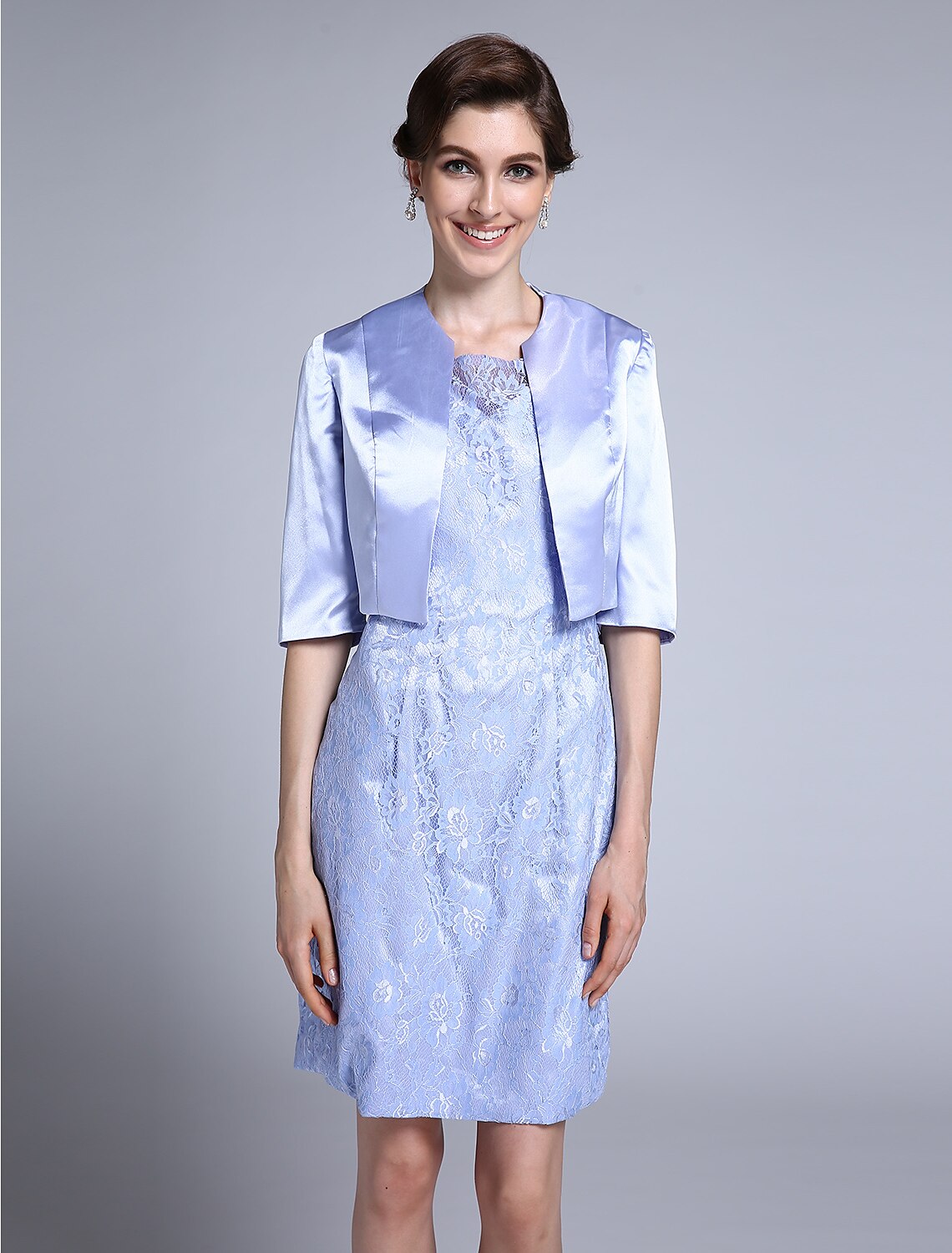 wholesale  Sheath / Column Mother of the Bride Dress Convertible Dress Scoop Neck Knee Length Satin Lace Half Sleeve No with Lace