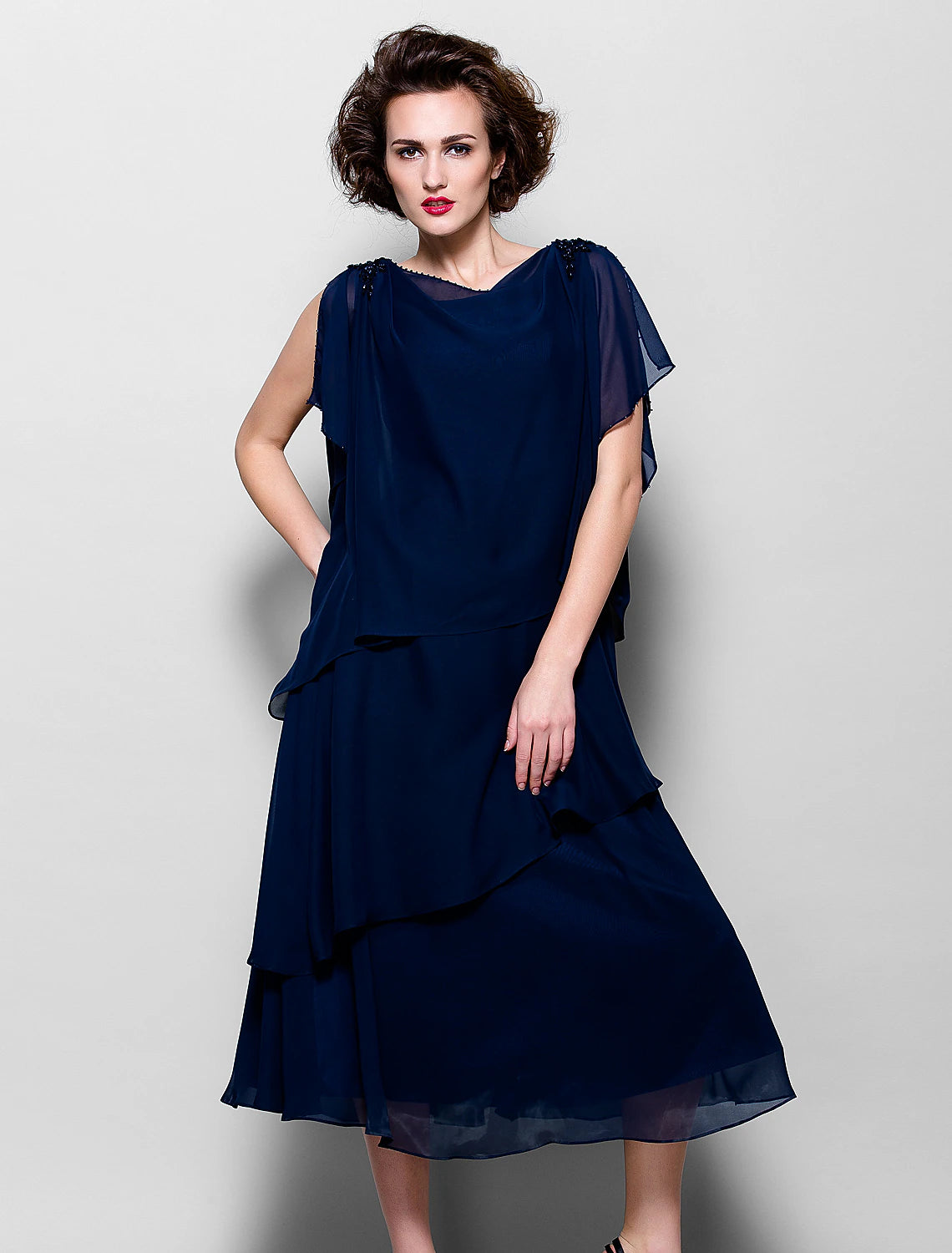 wholesale  A-Line Mother of the Bride Dress Plus Size Elegant Cowl Neck Tea Length Chiffon Short Sleeve with Ruffles Crystal Brooch