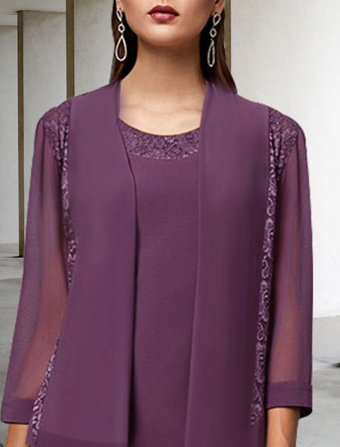 wholesale  Two Piece A-Line Mother of the Bride Dress Elegant Jewel Neck Tea Length Chiffon Lace Sleeveless Wrap Included with Solid Color