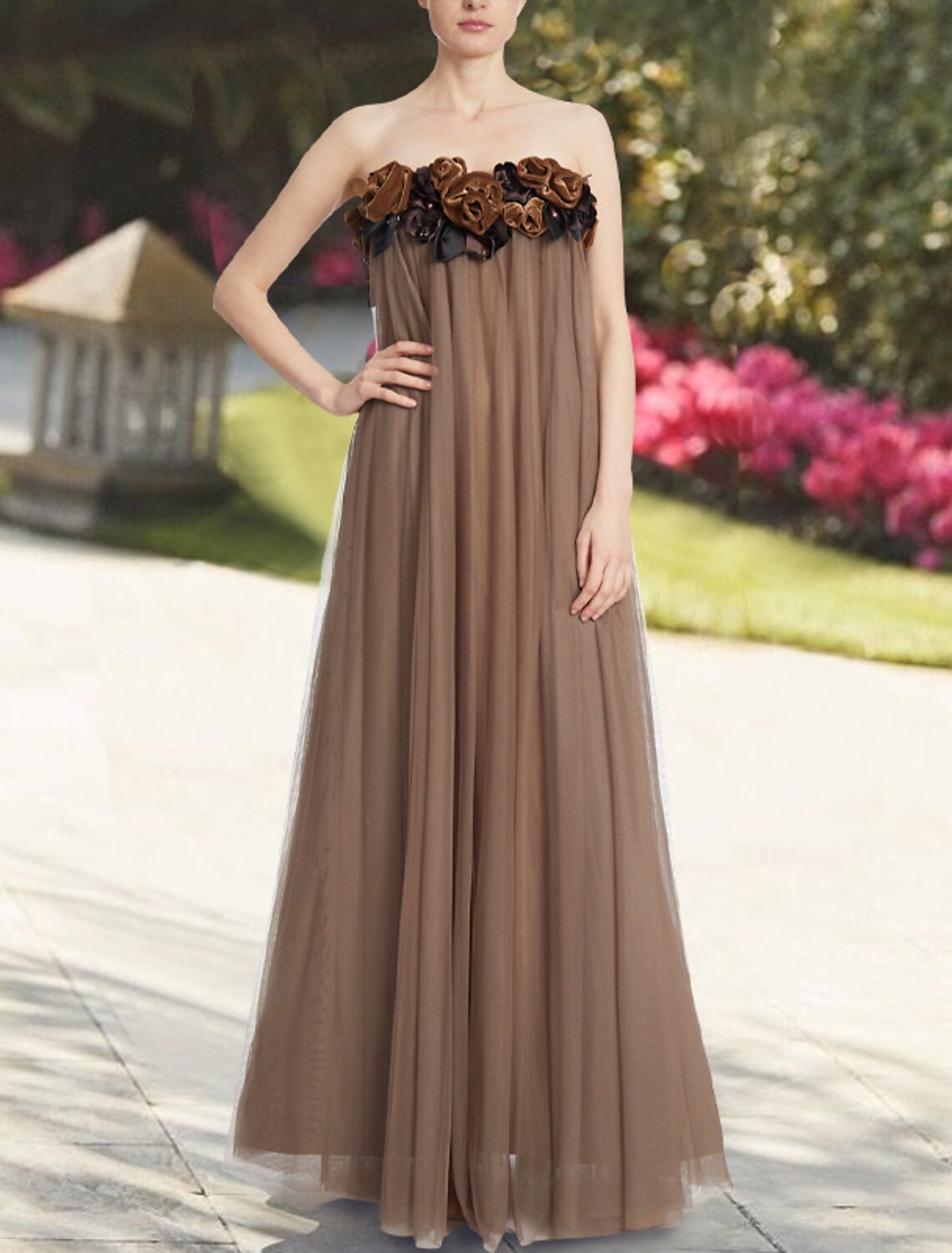 Wholesa A-Line Evening Gown Elegant Dress Wedding Guest Prom Floor Length Sleeveless Strapless Chiffon with Pleats Appliques Pure Color