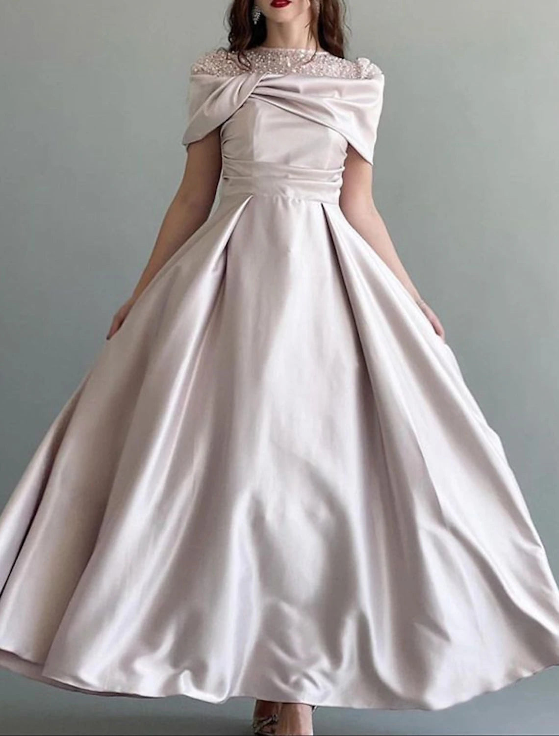 Wholesa A-Line Evening Gown Elegant Dress Wedding Guest Prom Floor Length Sleeveless Jewel Neck Satin with Ruched Pearls Sequin