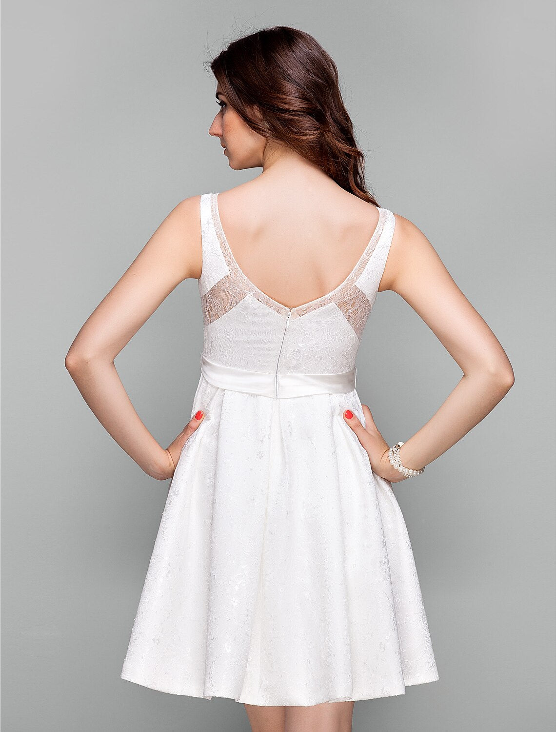 wholesale  A-Line Fit & Flare Cute Dress Holiday Homecoming Short / Mini Sleeveless V Neck Lace with Sash / Ribbon