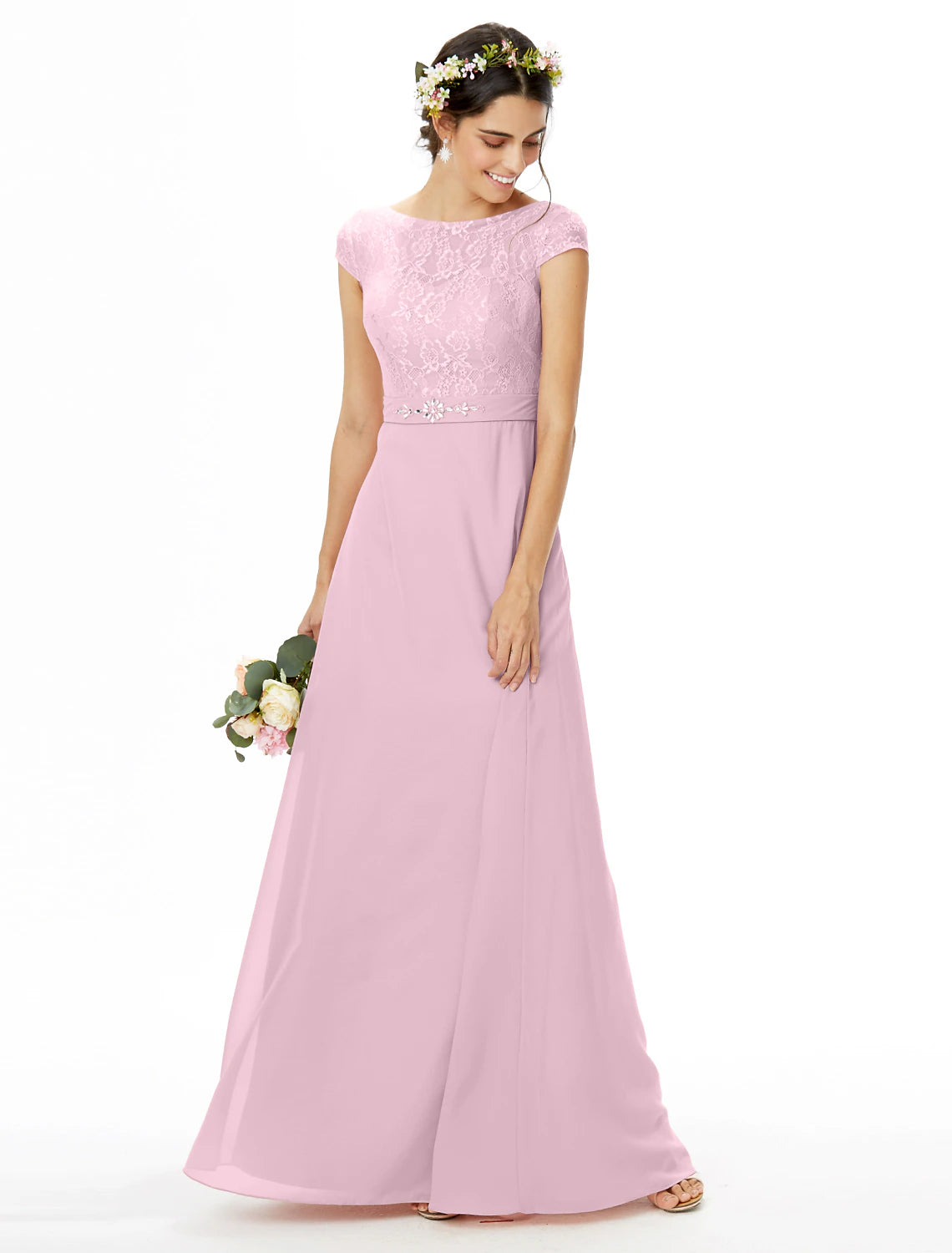 wholesale   Sheath / Column Bridesmaid Dress Bateau Neck Short Sleeve Elegant Floor Length Chiffon / Lace with Lace / Sash / Ribbon / Bow(s)