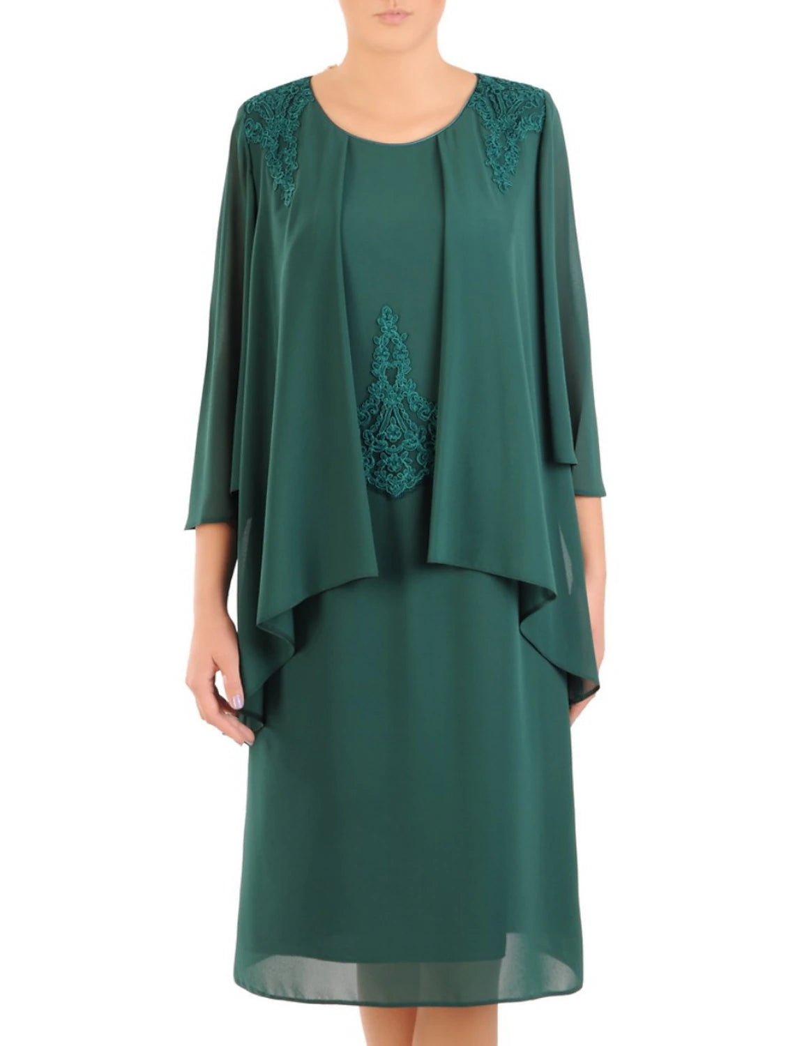 Wholesa Sheath / Column Mother of the Bride Dress Wedding Guest Elegant Party Jewel Neck Knee Length Chiffon Lace 3/4 Length Sleeve with Solid Color