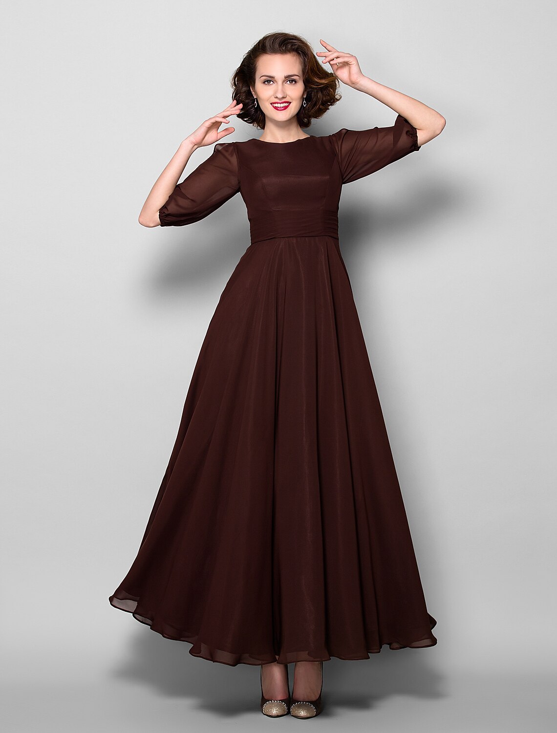 wholesale  A-Line Mother of the Bride Dress Elegant Jewel Neck Ankle Length Chiffon Half Sleeve with Sash / Ribbon Ruched
