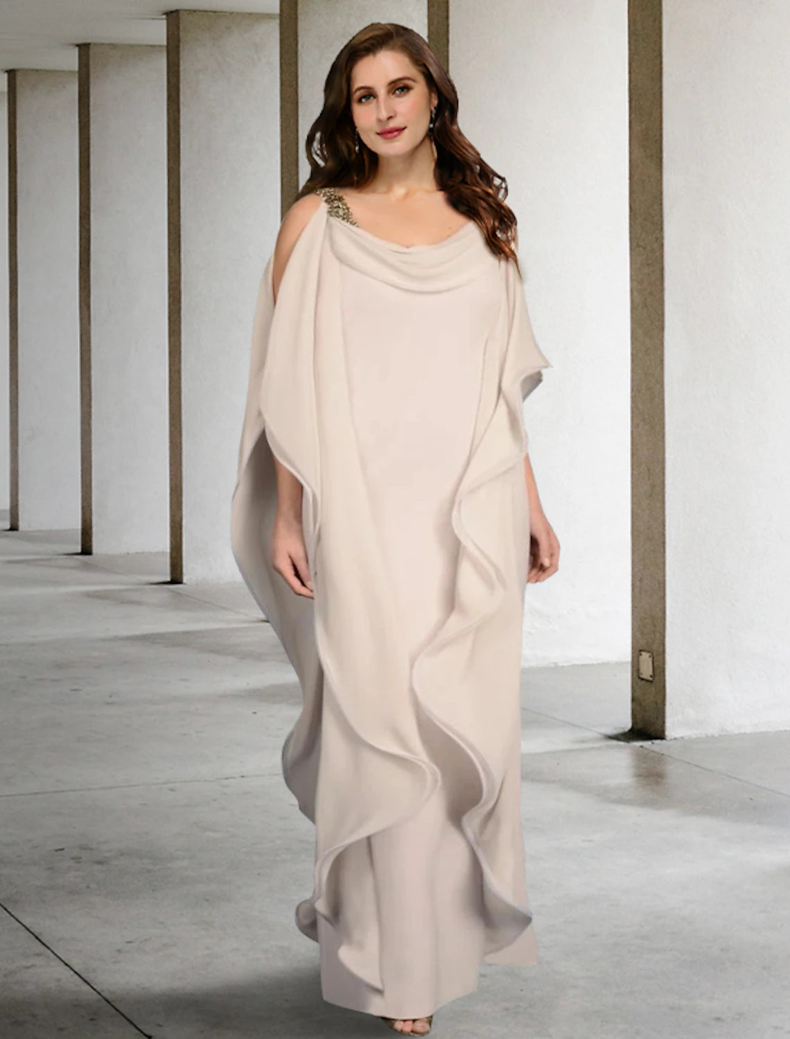 wholesale  Sheath / Column Mother of the Bride Dresses Plus Size Hide Belly Curve Elegant Dress Formal Floor Length Sleeveless Jewel Neck Chiffon with Beading Ruffles