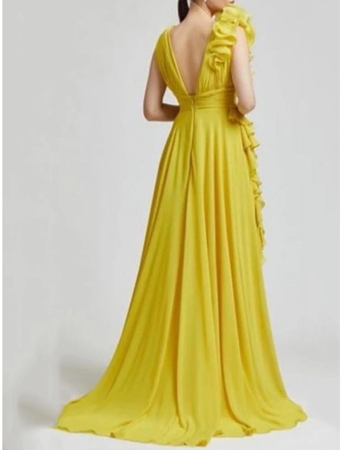 Wholesa A-Line Evening Gown Elegant Dress Formal Sweep / Brush Train Sleeveless V Neck Chiffon with Pleats Ruched Ruffles