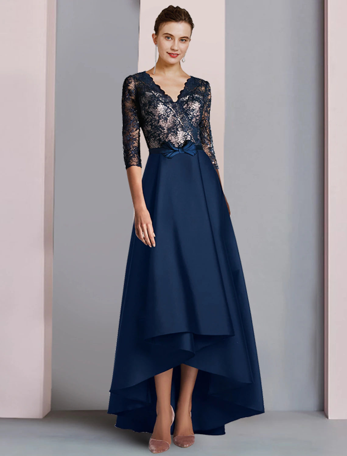 wholesale  A-Line Mother of the Bride Dress Wedding Guest Elegant High Low V Neck Asymmetrical Tea Length Satin Lace Half Sleeve with Bow(s) Color Block