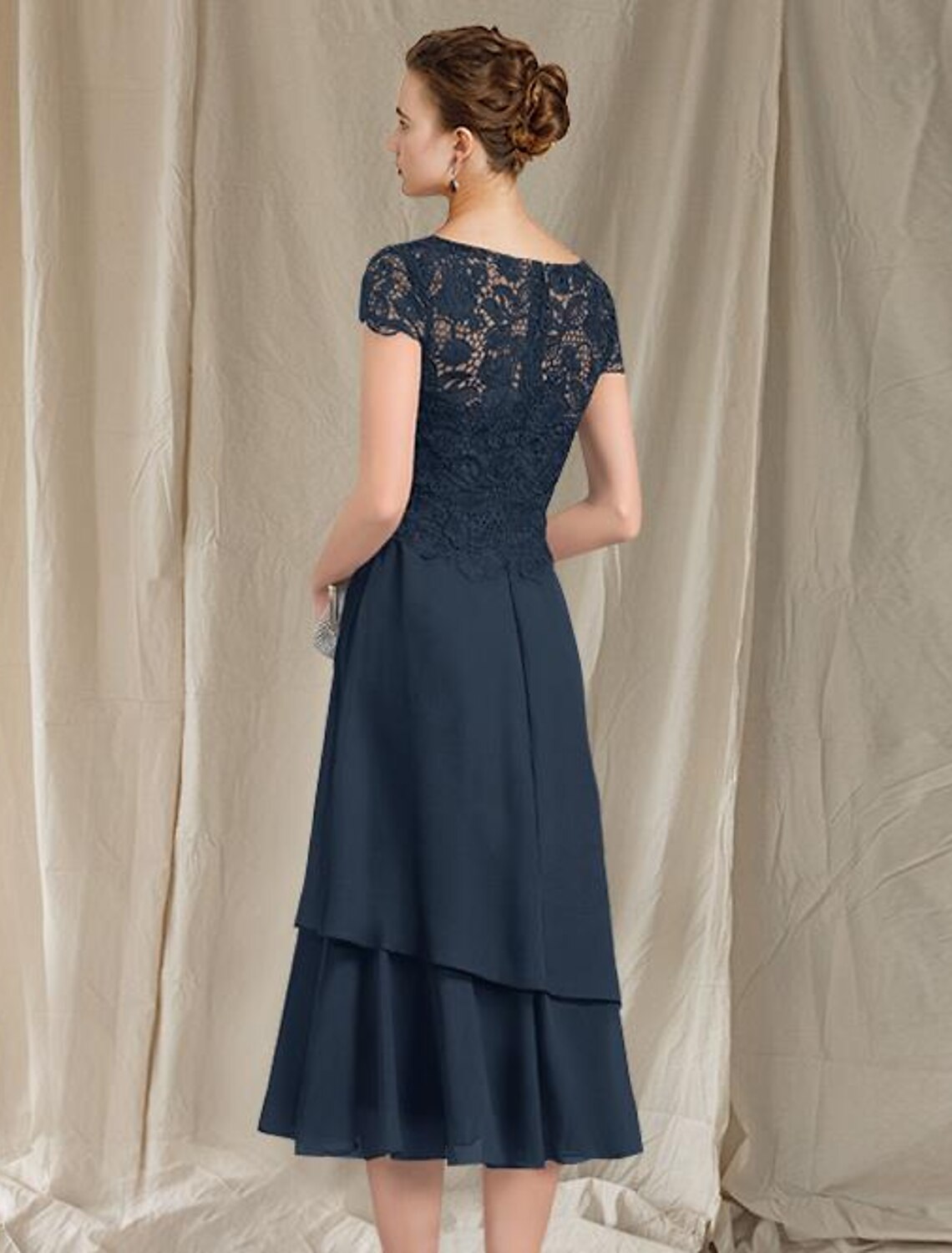 wholesale  A-Line Mother of the Bride Dress Elegant Jewel Neck Tea Length Chiffon Lace Short Sleeve with Ruffles