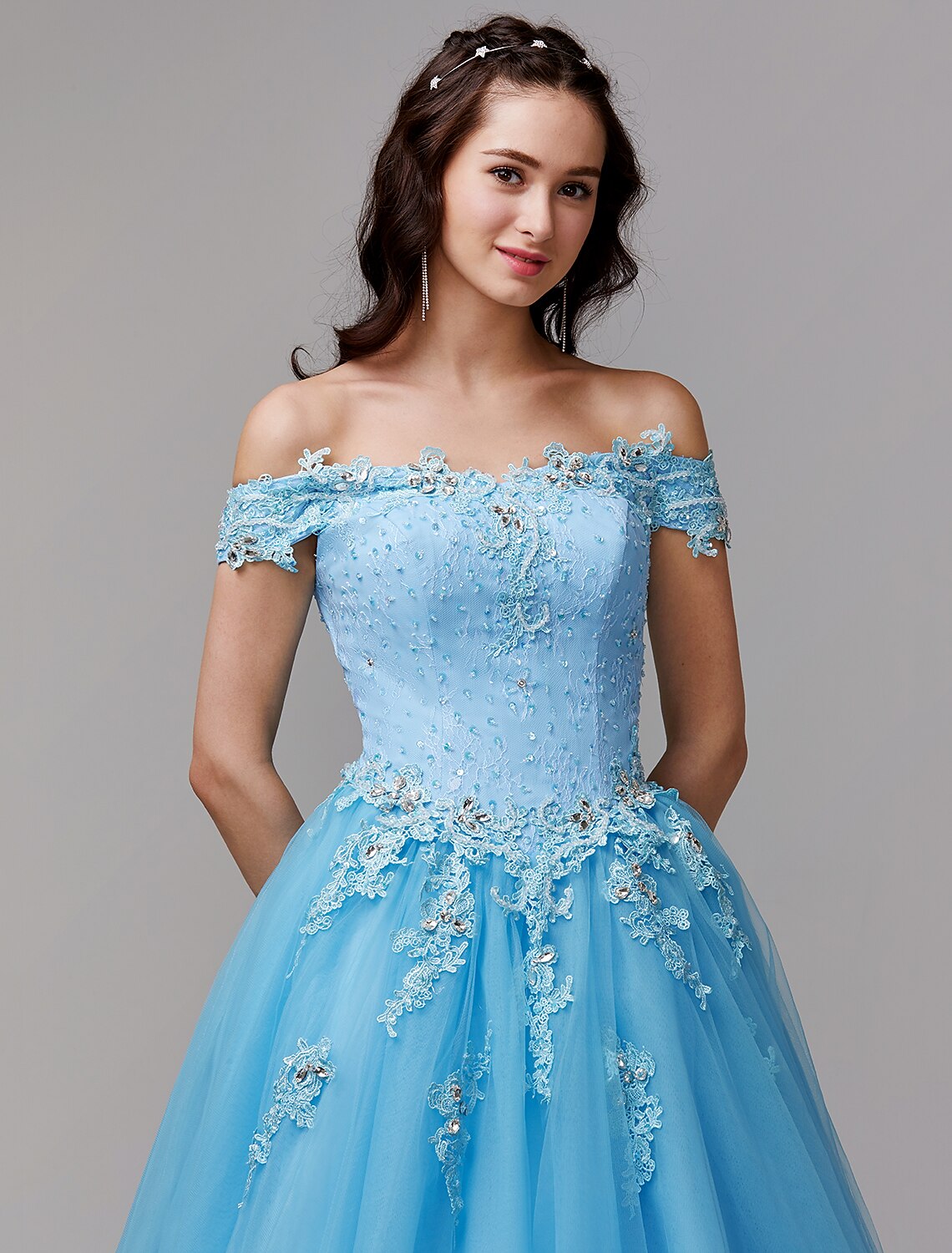 Wholesa Ball Gown Vintage Inspired Dress Formal Evening Floor Length Sleeveless Off Shoulder Lace with Crystals Appliques