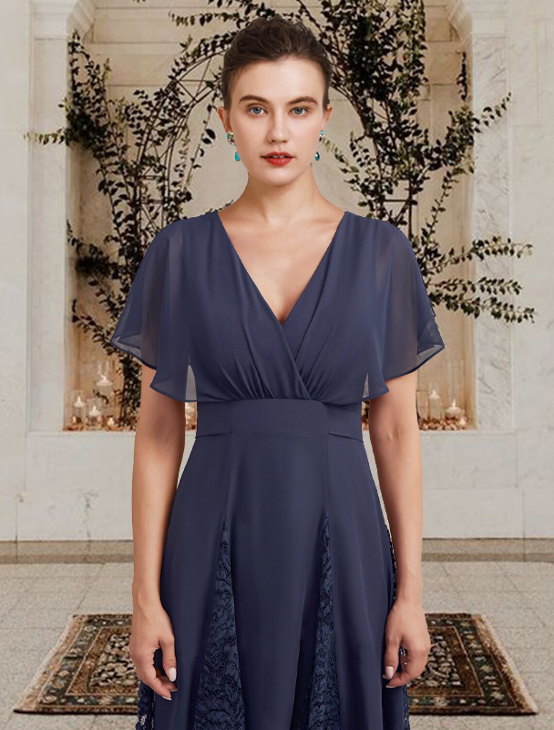 wholesale  A-Line Mother of the Bride Dress Plus Size Elegant High Low V Neck Asymmetrical Chiffon Lace Short Sleeve with Pleats Appliques