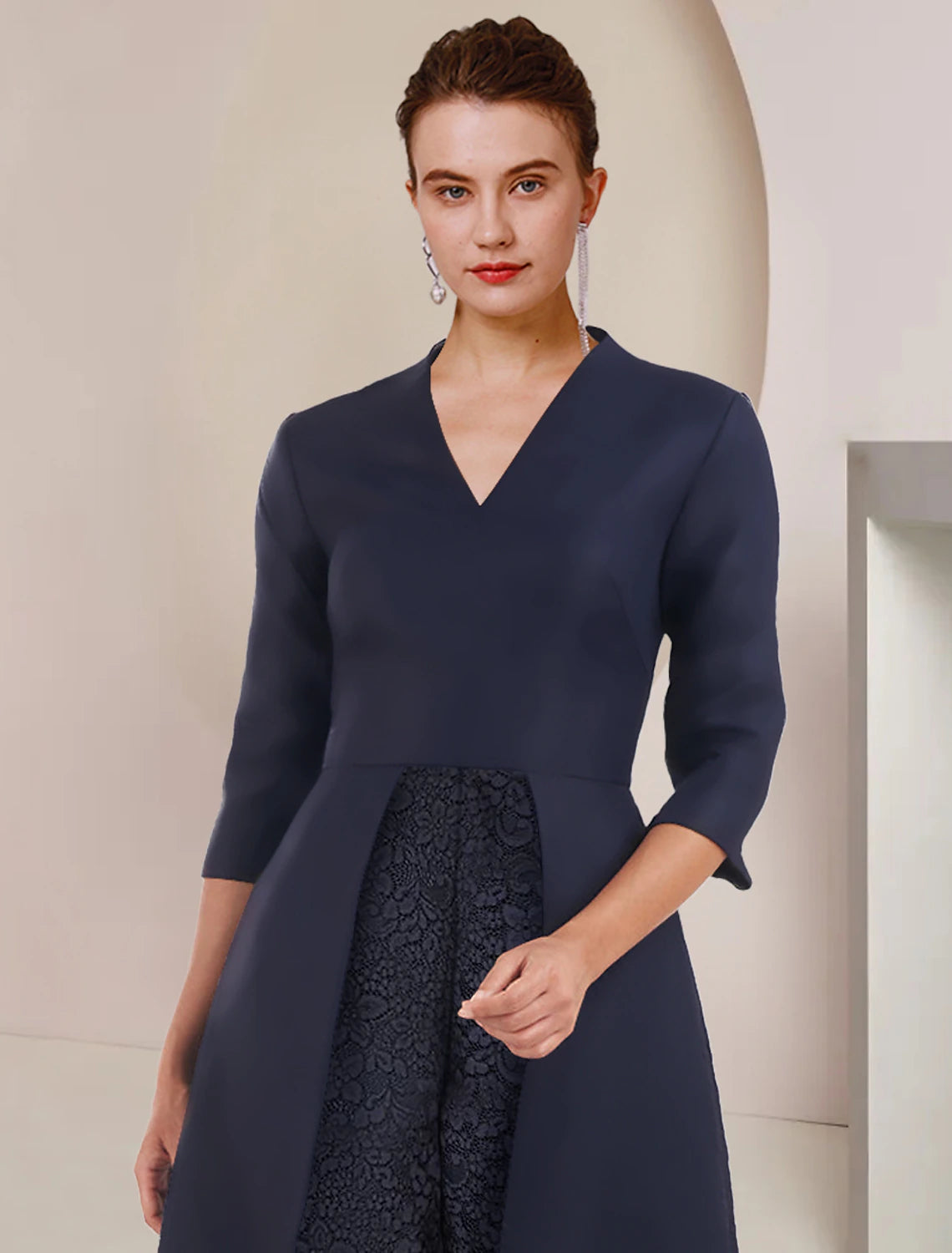 wholesale  Jumpsuit / Pantsuit Mother of the Bride Dress Wedding Guest Party Elegant V Neck Tea Length Taffeta 3/4 Length Sleeve with Solid Color