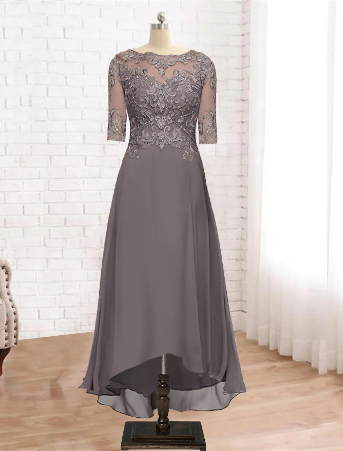 wholesale  A-Line Mother of the Bride Dress Formal Wedding Guest Elegant High Low Scoop Neck Asymmetrical Tea Length Chiffon Lace Half Sleeve with Pleats Appliques