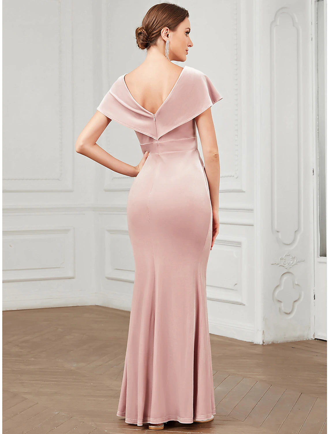 wholesa Mermaid / Trumpet Evening Gown Vintage Dress Christmas Wedding Guest Floor Length Short Sleeve V Neck Velvet V Back with Ruffles