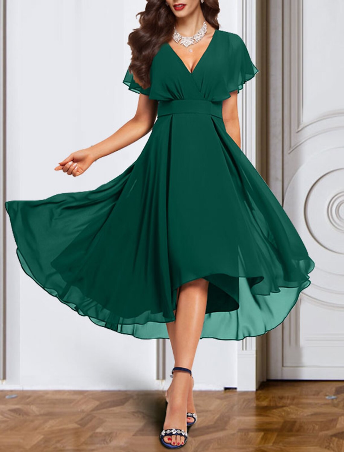 Wholesa A-Line Cocktail Dresses Elegant Dress Wedding Guest Party Wear Ankle Length Short Sleeve V Neck Fall Wedding Guest Chiffon with Pure Color Strappy